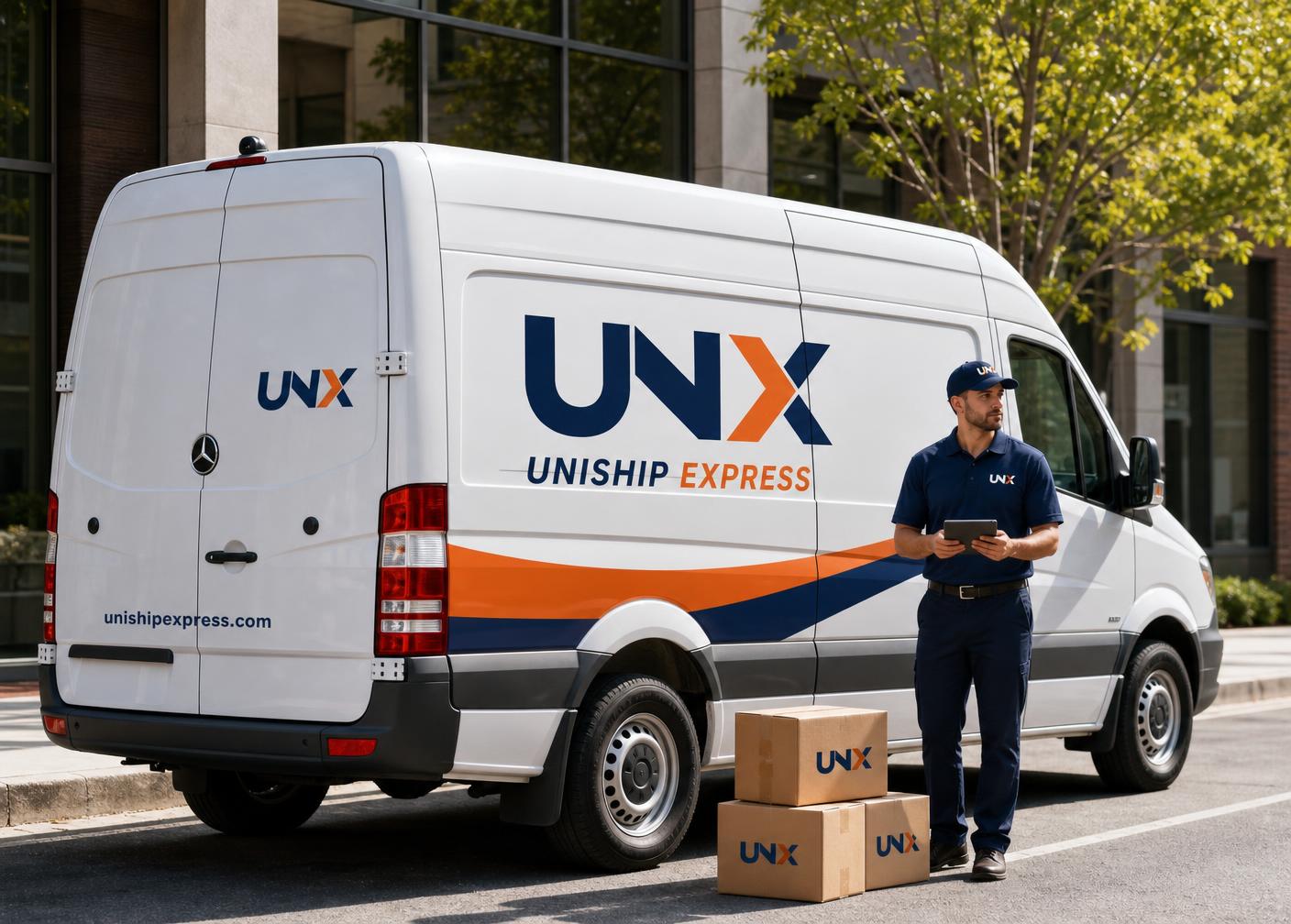 UNX courier with a tablet beside a branded delivery van with closed rear doors and stacked parcels