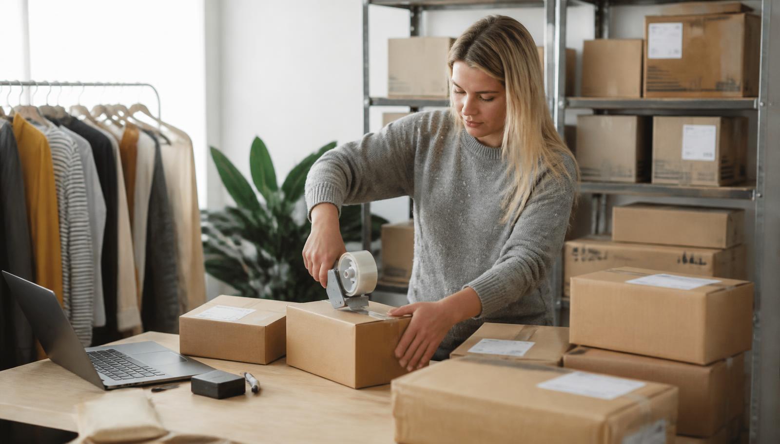 Small business owner packing and labelling shipping boxes