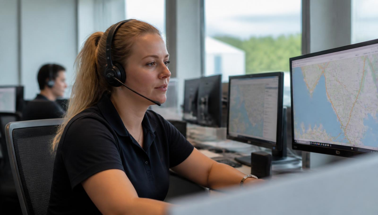 Support agent taking a customer call at a logistics control desk