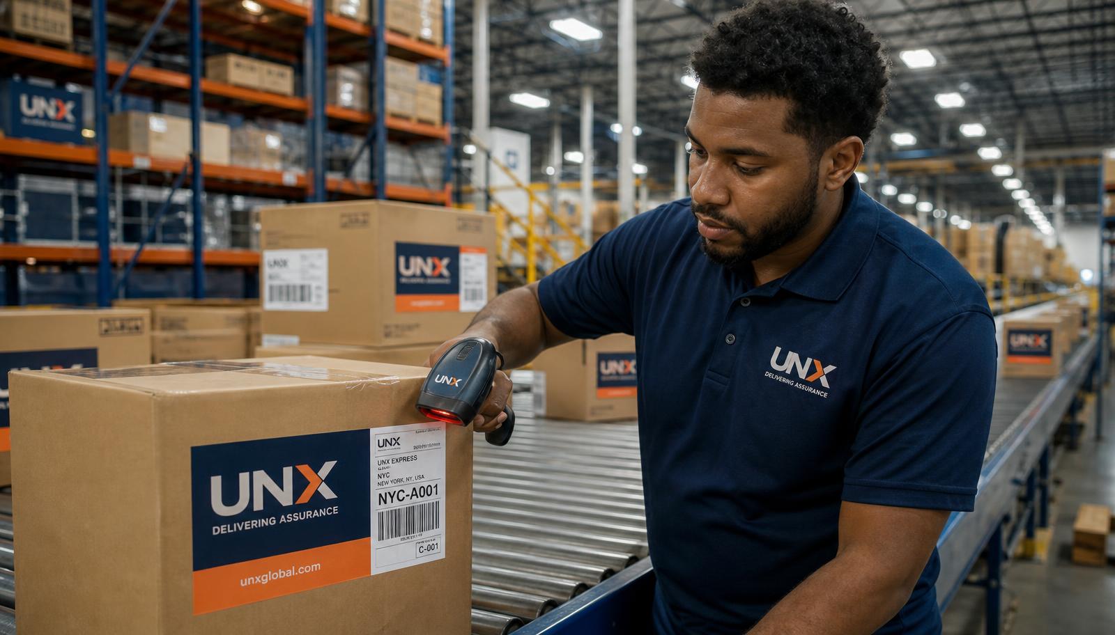 UNX warehouse team member scanning a branded parcel label