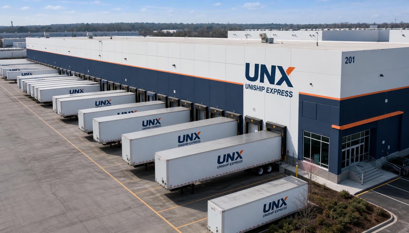 UNX distribution centre with branded trailers at loading docks