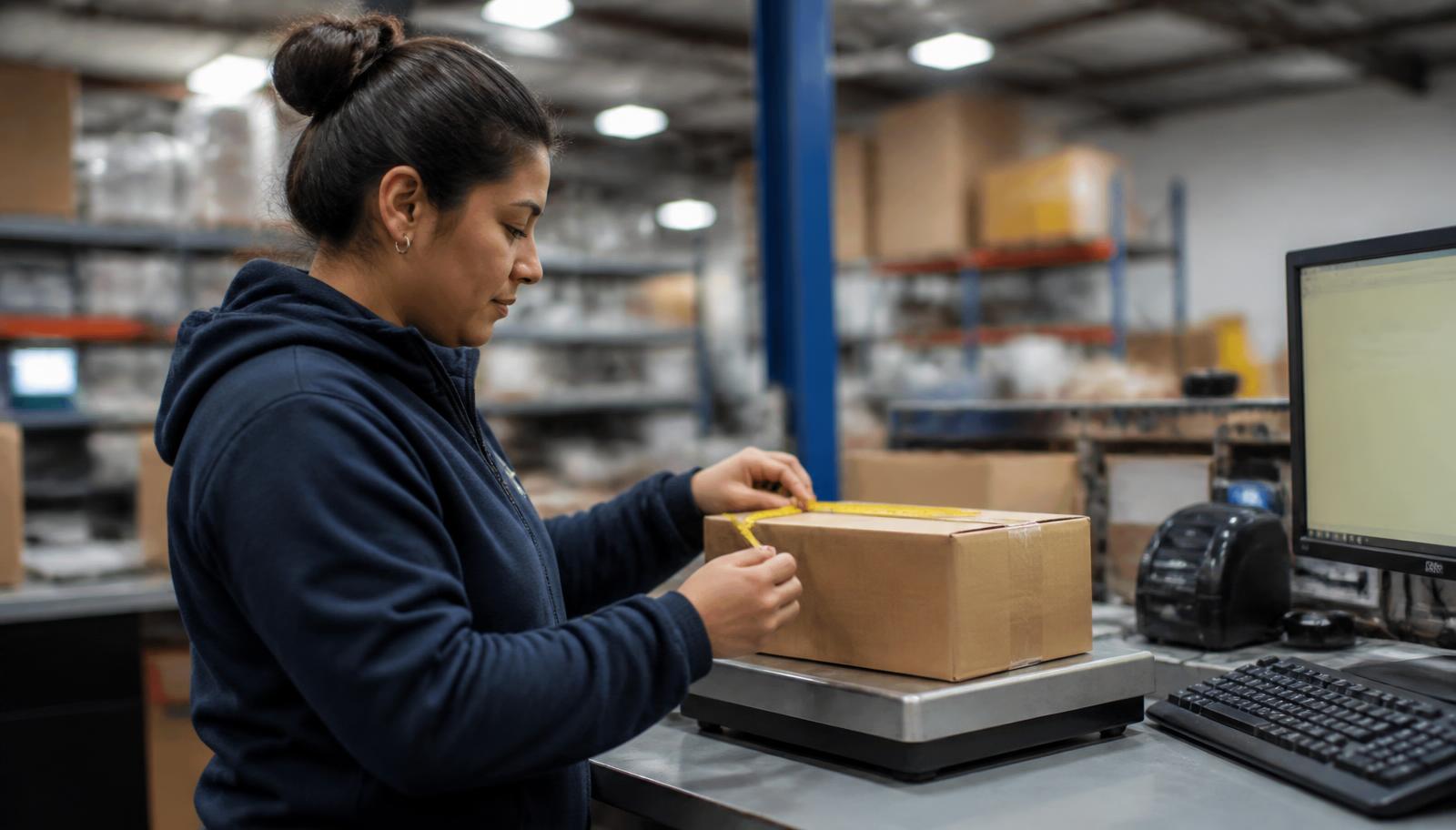 Warehouse staff weighing and measuring a parcel at a dispatch desk