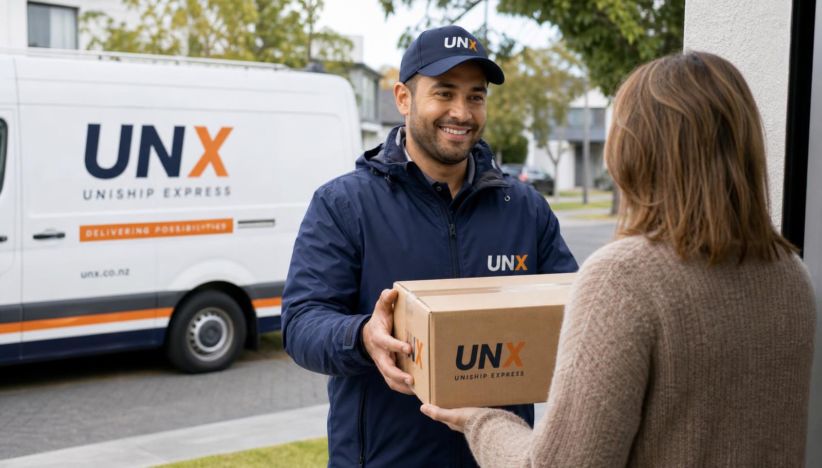 UNX courier handing a parcel to a customer beside a branded van