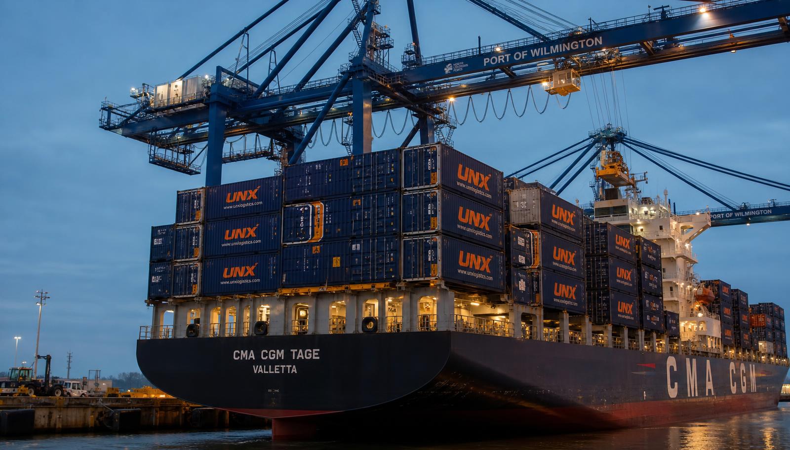UNX containers being unloaded from a ship at a port terminal